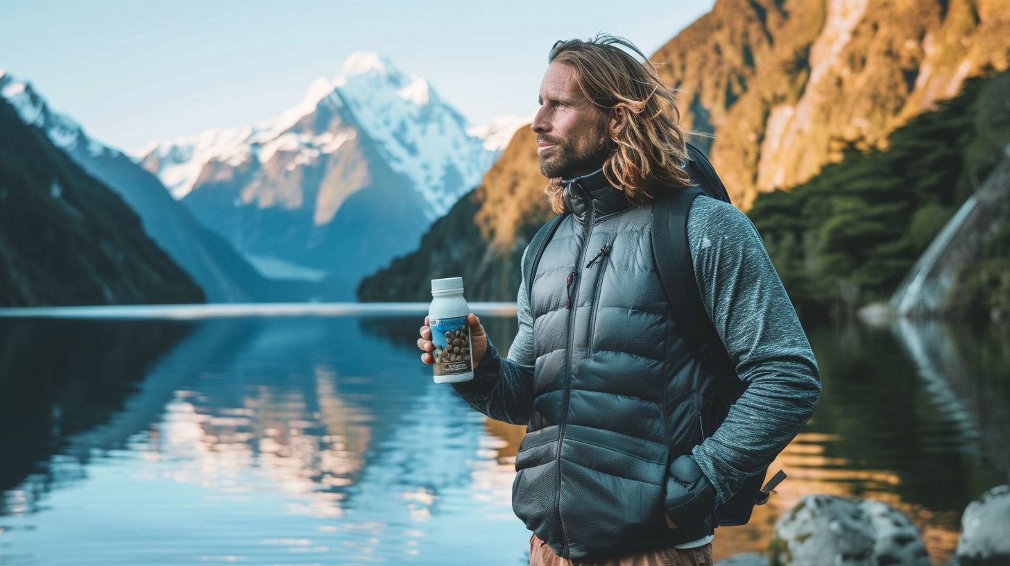 A man confidently holds a bottle of prostate supplements in nature.